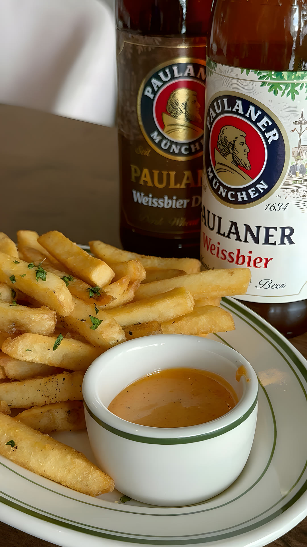 Truffle fries with dipping sauce and a bottle of Paulaner at Dilly Deli