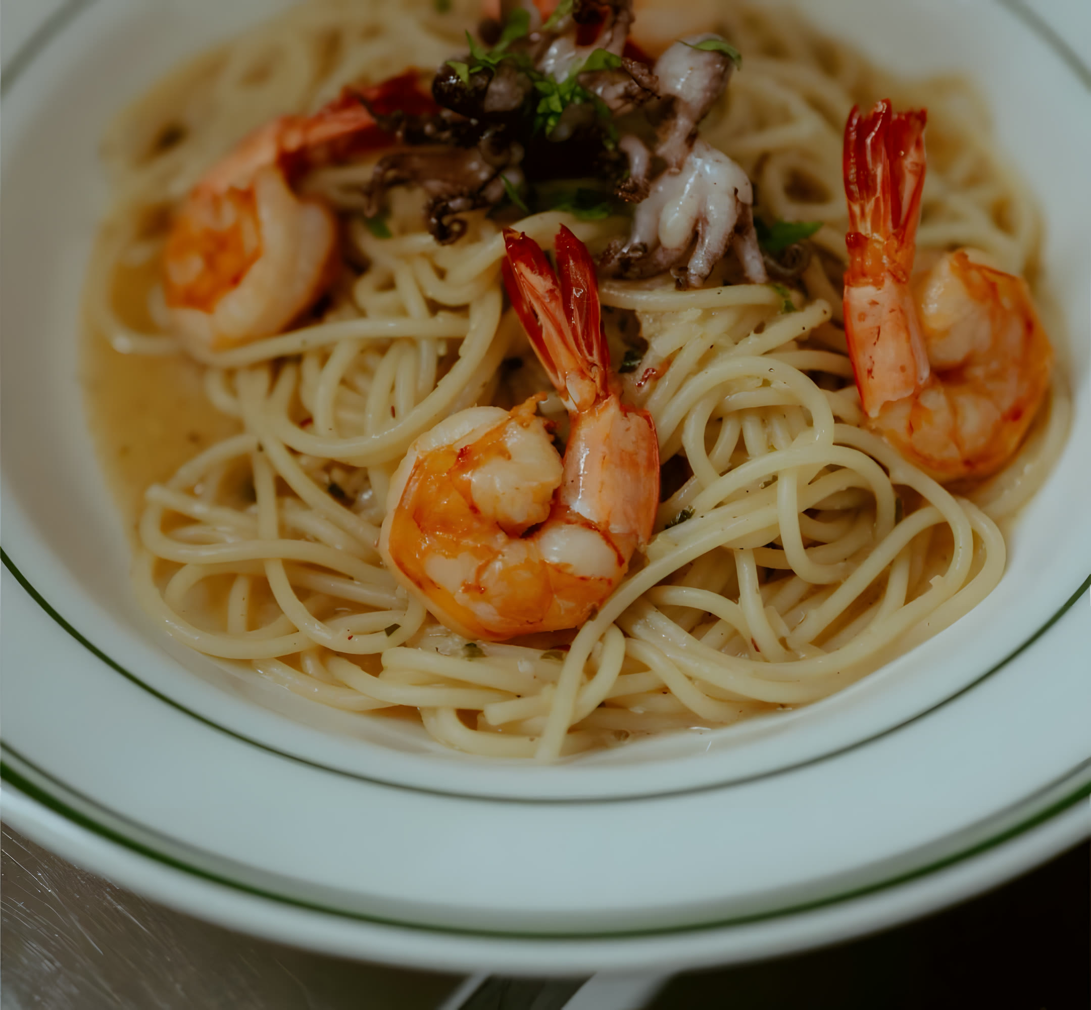 Seafood aglio olio with prawns